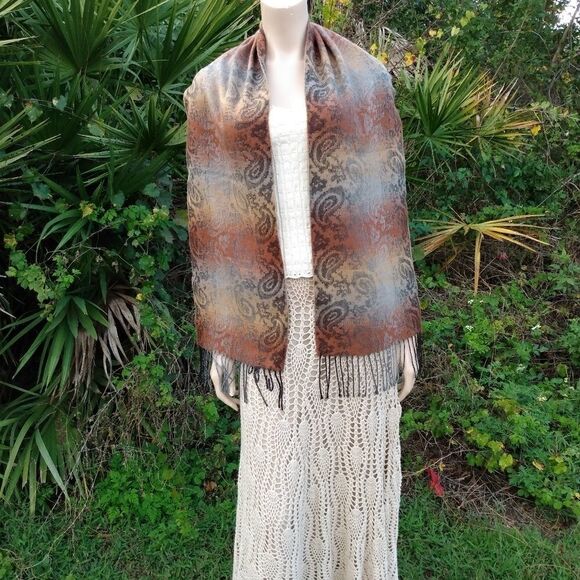 NWOT CEJON Gray, Tan & Brown Paisley 100% Acrylic Made in Italy Scarf Wrap - Picture 8 of 9